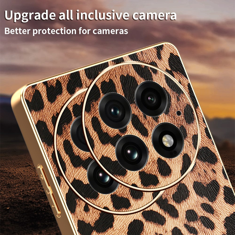 For OnePlus 13 Case Leopard Print PU Leather Coated PC + TPU Electroplating Phone Cover
