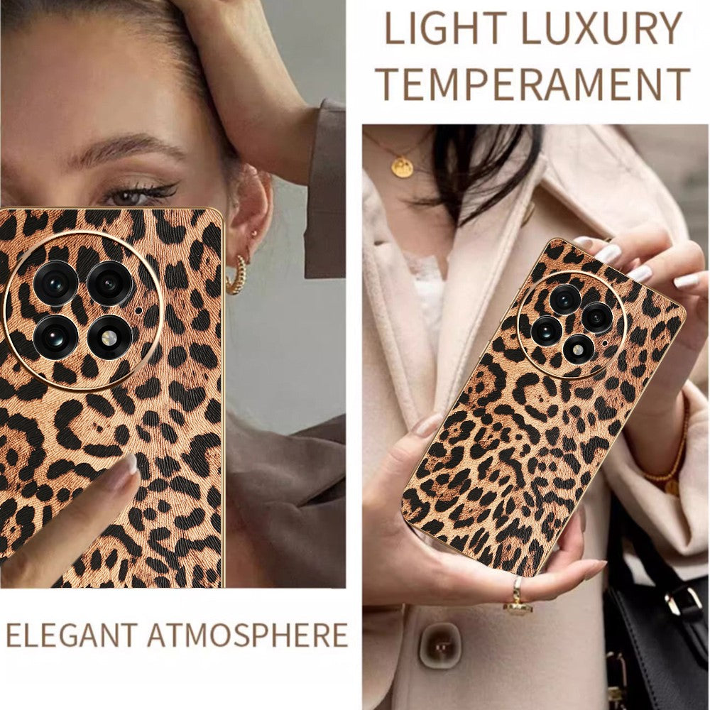 For OnePlus 13 Case Leopard Print PU Leather Coated PC + TPU Electroplating Phone Cover