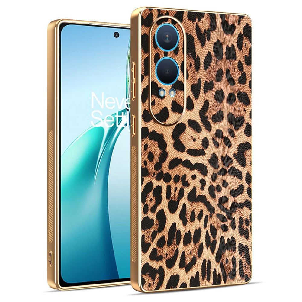 Til OnePlus Nord CE4 Lite 5G / Oppo K12x 5G (Kina) Cover med leopardprint i PU-læder belagt PC + TPU elektroplettering telefoncover