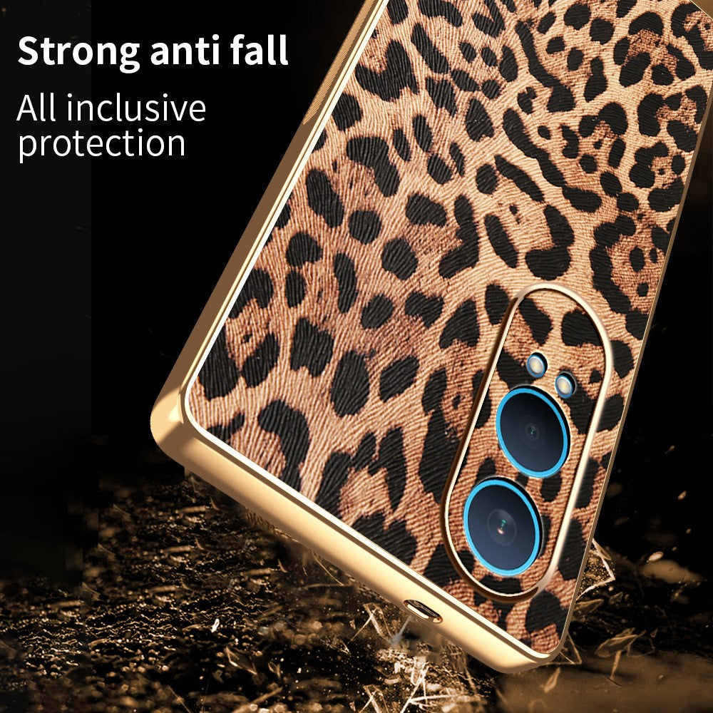 Til OnePlus Nord CE4 Lite 5G / Oppo K12x 5G (Kina) Cover med leopardprint i PU-læder belagt PC + TPU elektroplettering telefoncover