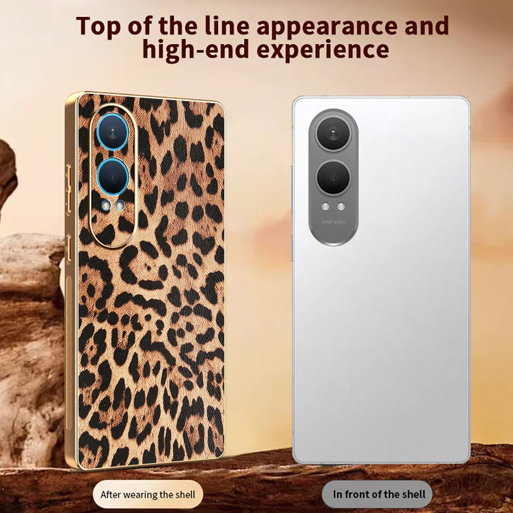 Til OnePlus Nord CE4 Lite 5G / Oppo K12x 5G (Kina) Cover med leopardprint i PU-læder belagt PC + TPU elektroplettering telefoncover