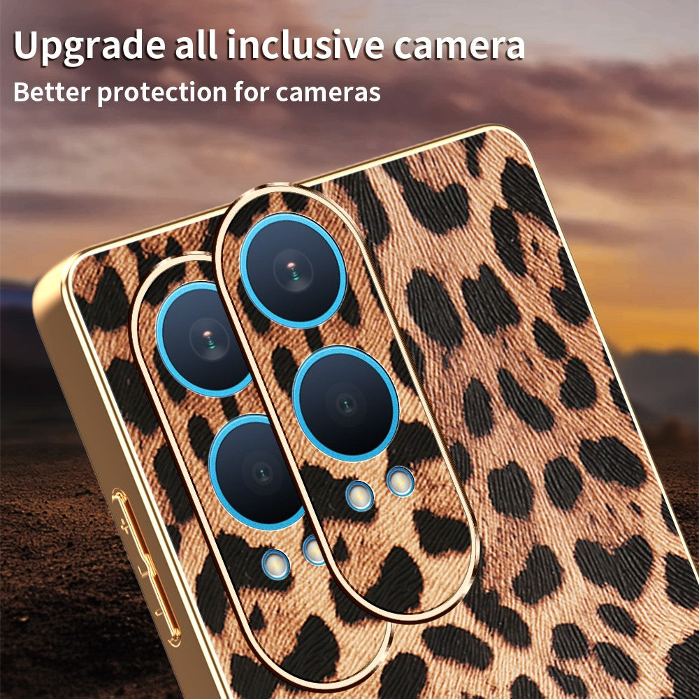 Til OnePlus Nord CE4 Lite 5G / Oppo K12x 5G (Kina) Cover med leopardprint i PU-læder belagt PC + TPU elektroplettering telefoncover