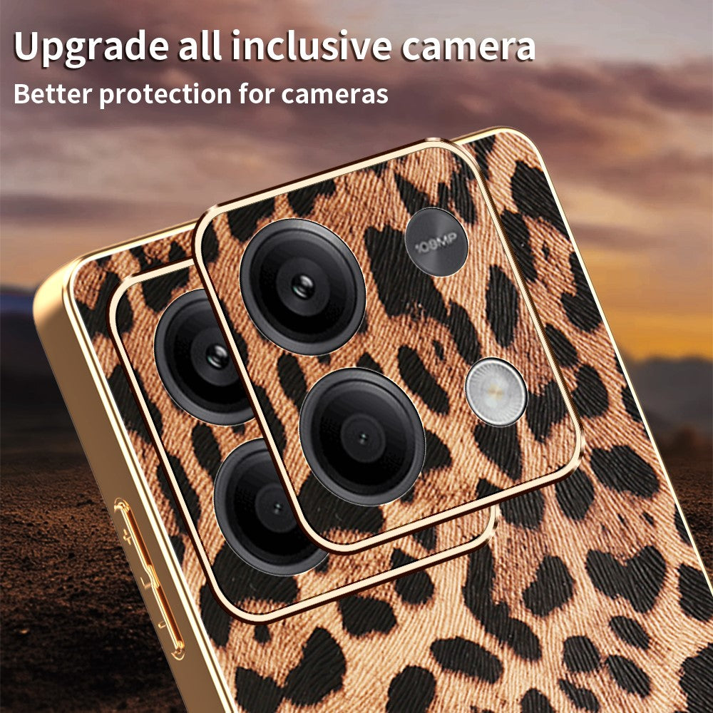 Xiaomi Redmi Note 13 5G-skal Leopardtryck PU-läderbelagd PC + TPU Galvaniserad mobilskal