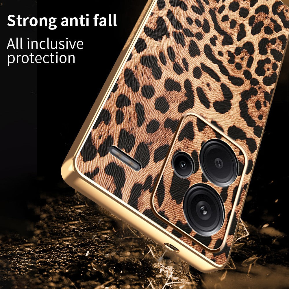 For Xiaomi Redmi Note 13 Pro+ 5G Case Leopard Print PU Leather Coated PC + TPU Electroplating Phone Cover