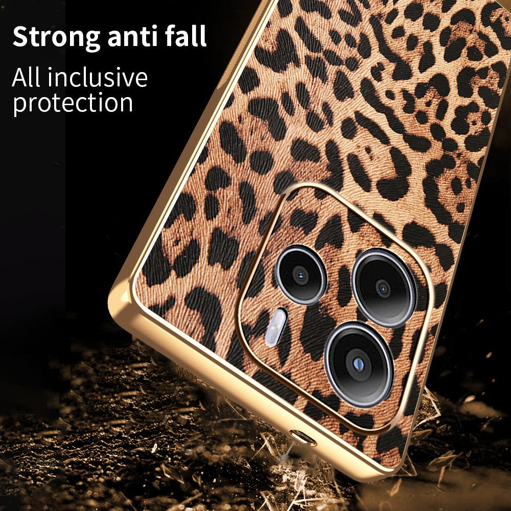 For Xiaomi Redmi Note 14 4G (163.25mm) Case Leopard Print PU Leather Coated PC + TPU Electroplating Phone Cover