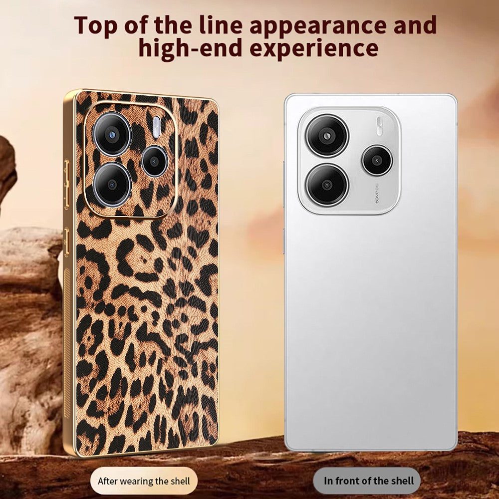 For Xiaomi Redmi Note 14 4G (163.25mm) Case Leopard Print PU Leather Coated PC + TPU Electroplating Phone Cover