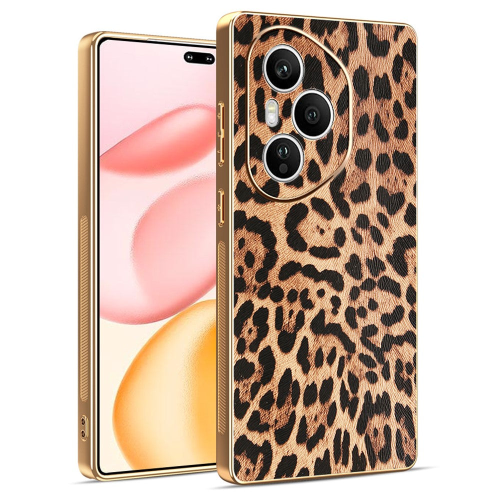 For Honor 400 Pro 5G (Global) Case Leopard Print PU Leather Coated PC + TPU Electroplating Phone Cover