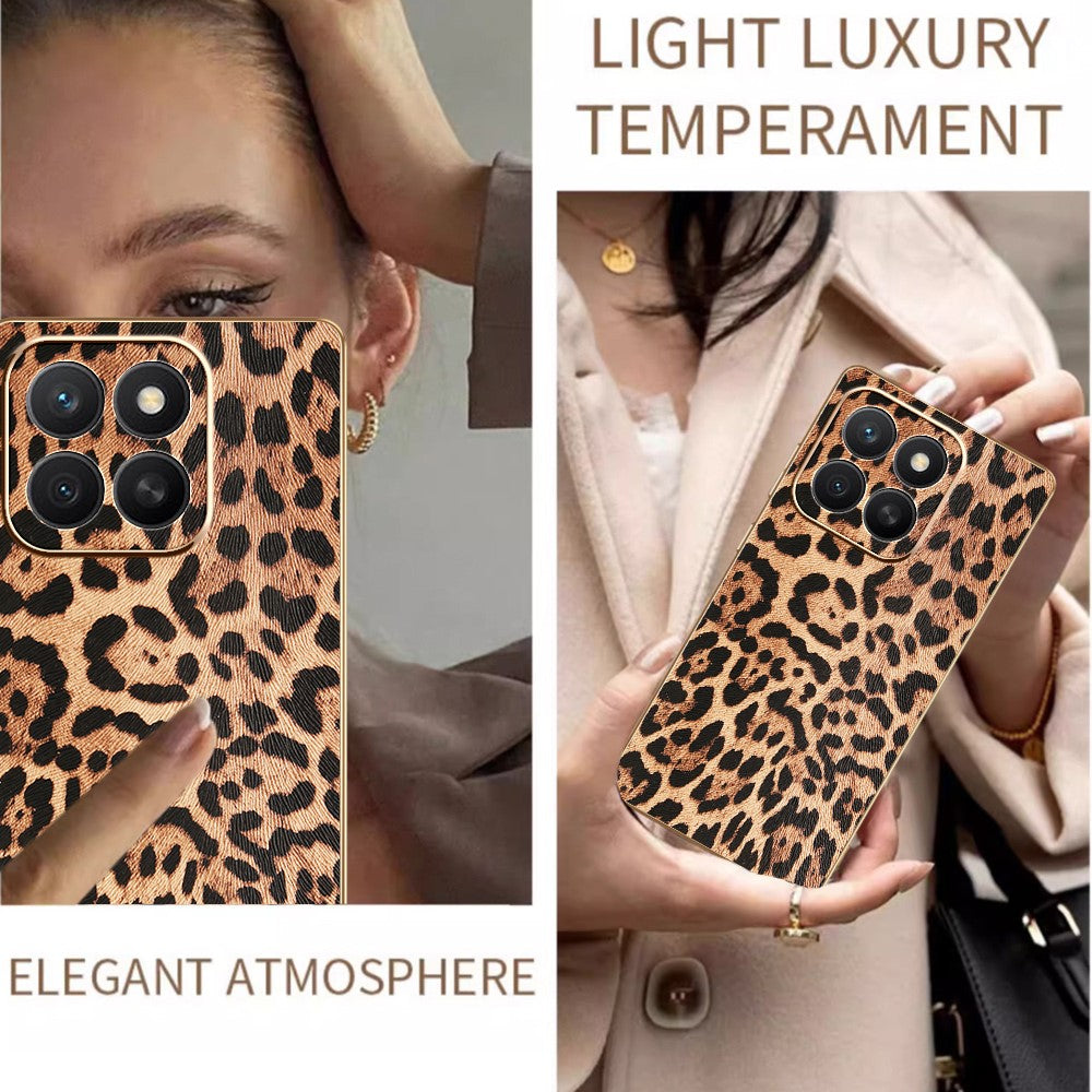 For Honor X8c 4G Case Leopard Print PU Leather Coated PC + TPU Electroplating Phone Cover