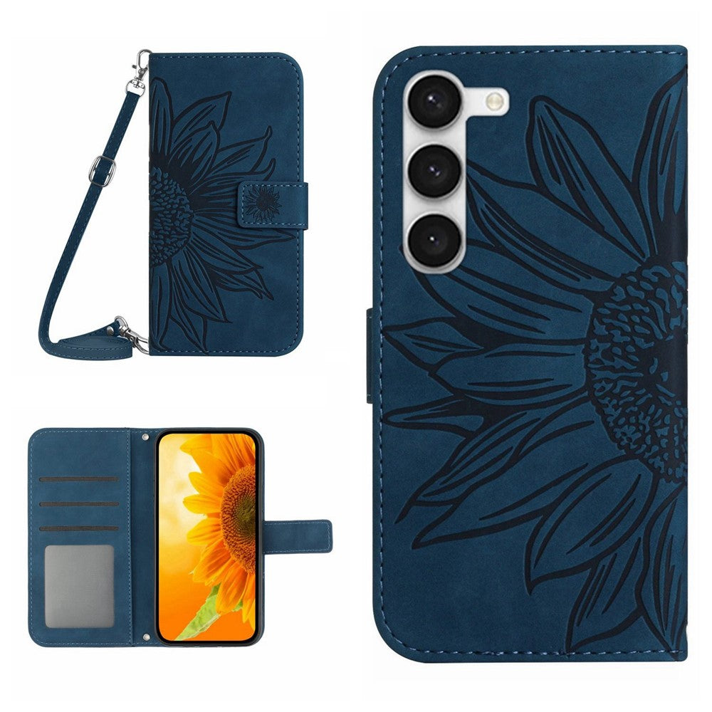 For Samsung Galaxy S23 HT04 Imprinted Sunflower Wallet Case Skin-Touch PU Leather Stand Magnetic Clasp Phone Cover with Shoulder Strap