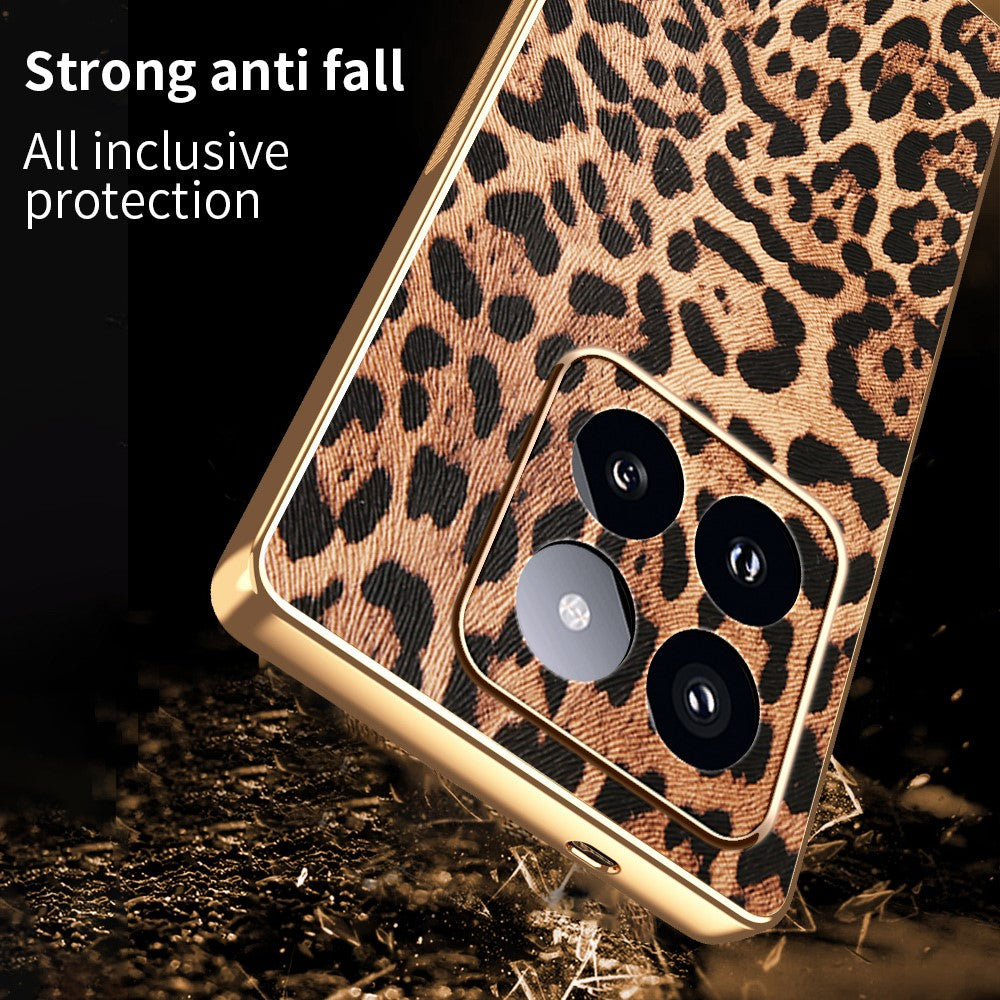 For Xiaomi 14 Pro Case Leopard Print PU Leather Coated PC + TPU Electroplating Phone Cover