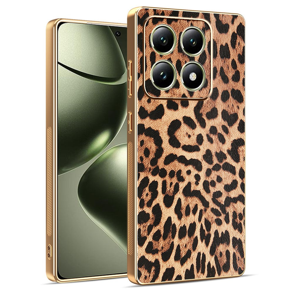 For Xiaomi 14T Case Leopard Print PU Leather Coated PC + TPU Electroplating Phone Cover
