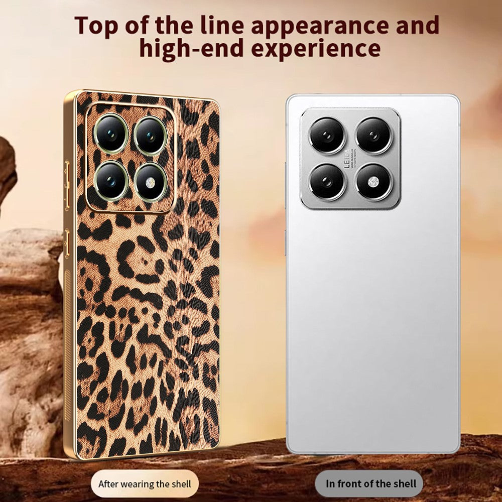 For Xiaomi 14T Case Leopard Print PU Leather Coated PC + TPU Electroplating Phone Cover