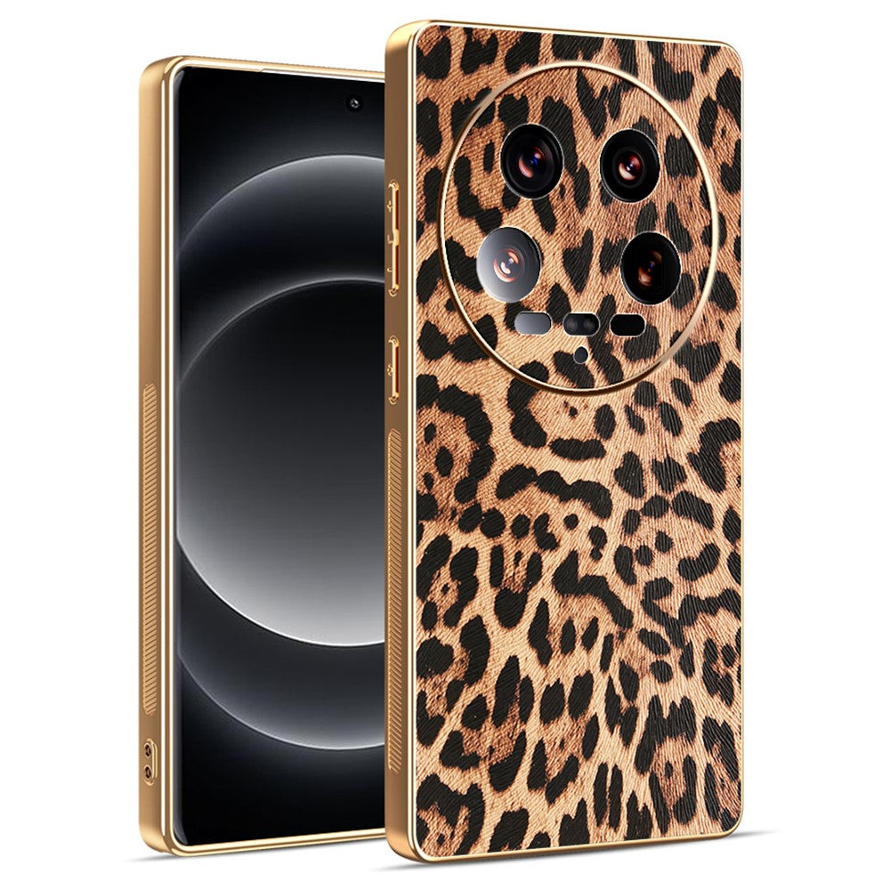 For Xiaomi 14 Ultra Case Leopard Print PU Leather Coated PC + TPU Electroplating Phone Cover