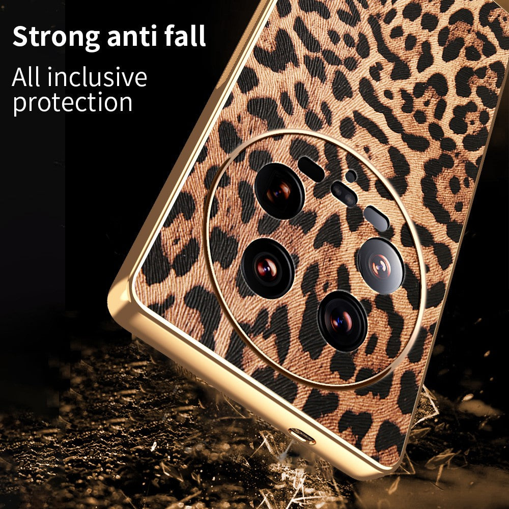 For Xiaomi 14 Ultra Case Leopard Print PU Leather Coated PC + TPU Electroplating Phone Cover