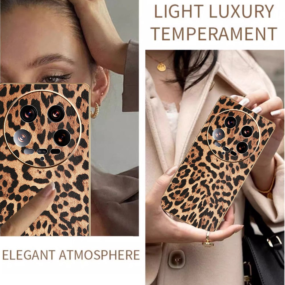 For Xiaomi 14 Ultra Case Leopard Print PU Leather Coated PC + TPU Electroplating Phone Cover