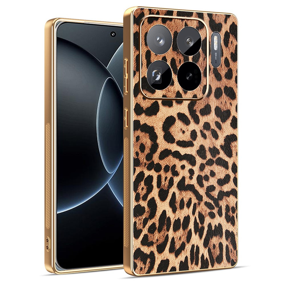 For Xiaomi 15S Pro Case Leopard Print PU Leather Coated PC + TPU Electroplating Phone Cover