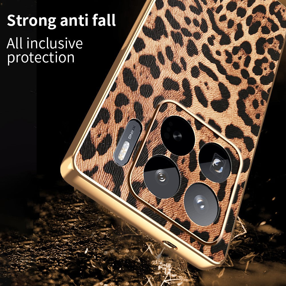 For Xiaomi 15S Pro Case Leopard Print PU Leather Coated PC + TPU Electroplating Phone Cover
