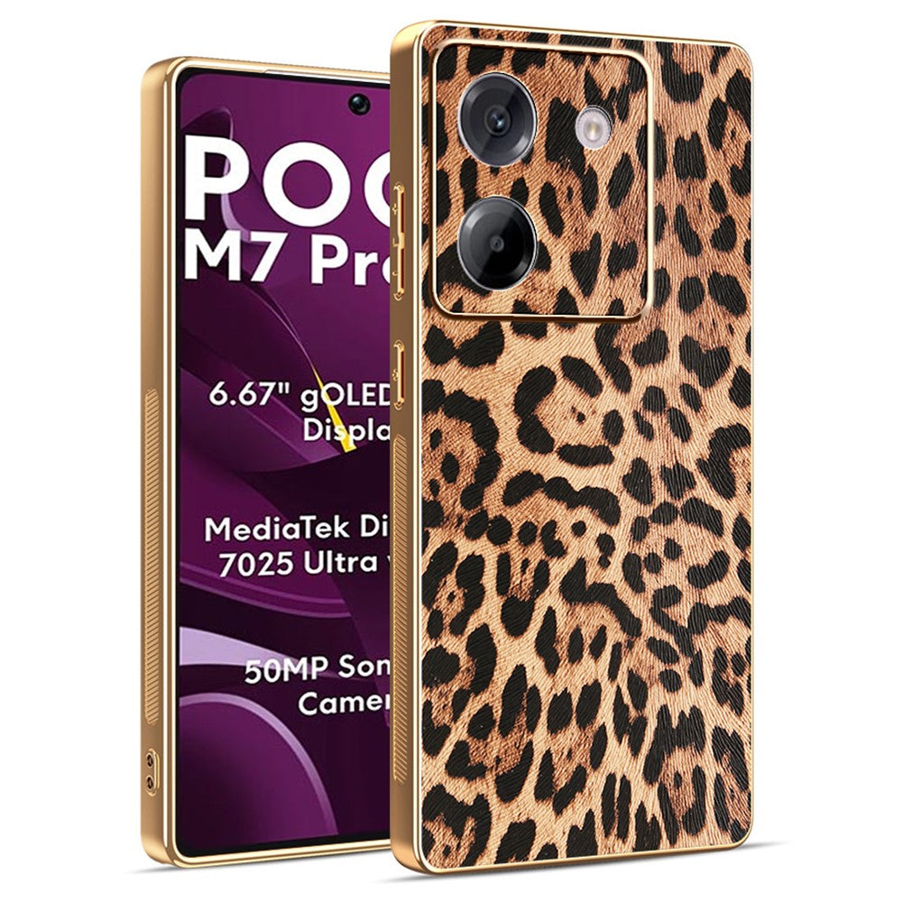 For Xiaomi Poco M7 Pro 5G Case Leopard Print PU Leather Coated PC + TPU Electroplating Phone Cover