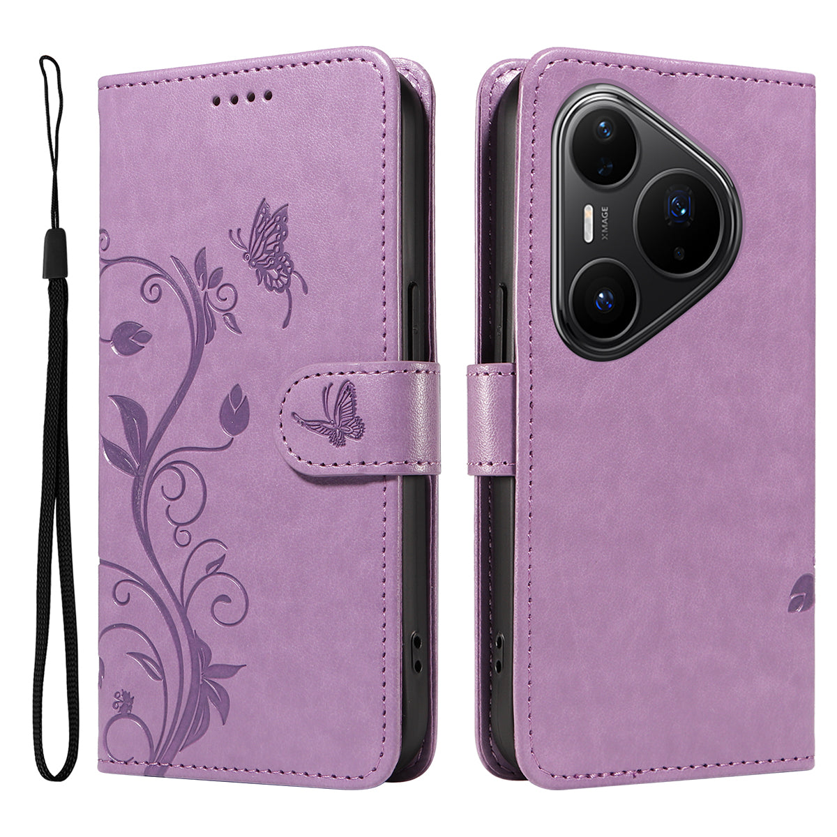 For Huawei Pura 80 Pro+ / Huawei Pura 80 Pro PU Leather Cases Flower Pattern Wallet Stand Phone Cover with Strap