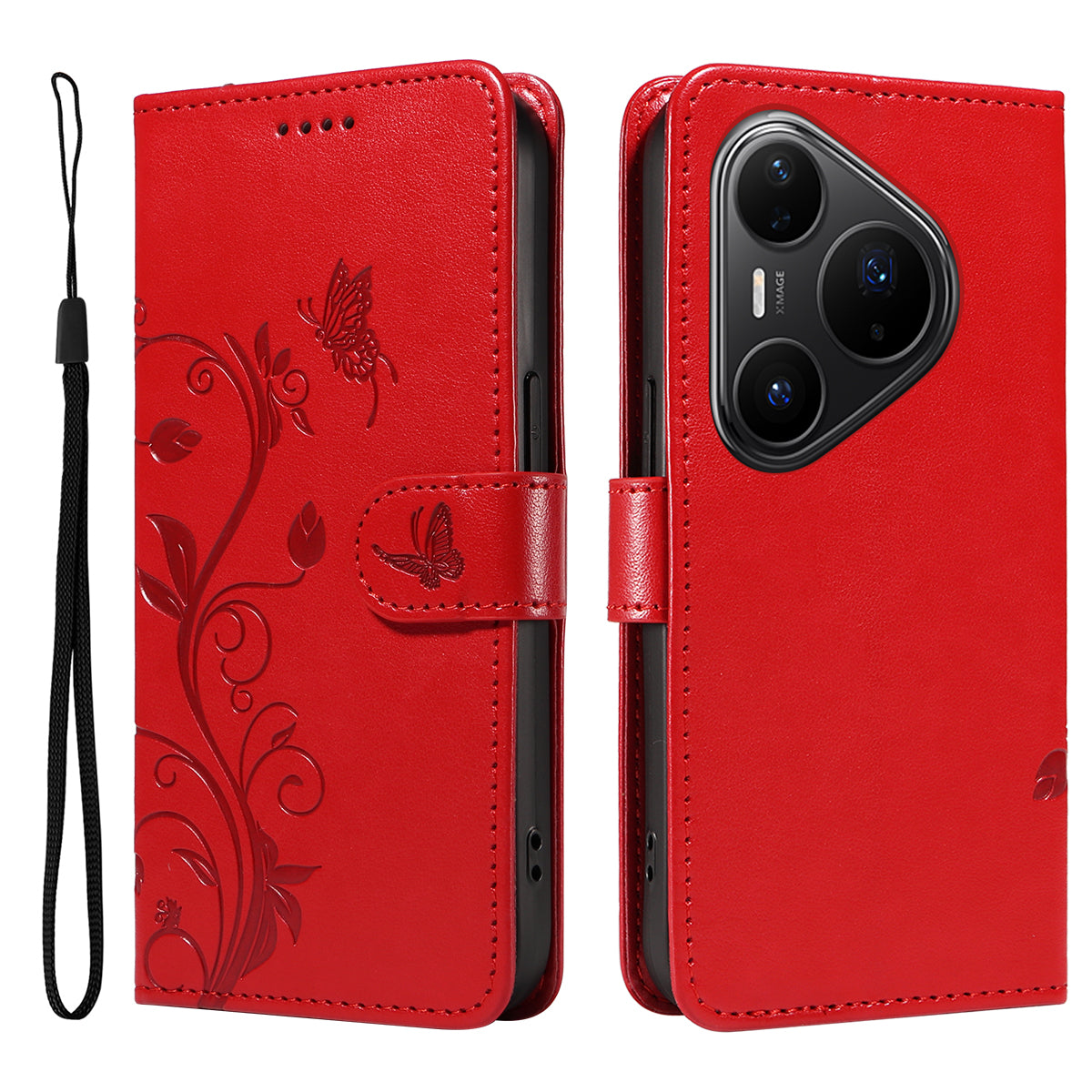 For Huawei Pura 80 Pro+ / Huawei Pura 80 Pro PU Leather Cases Flower Pattern Wallet Stand Phone Cover with Strap