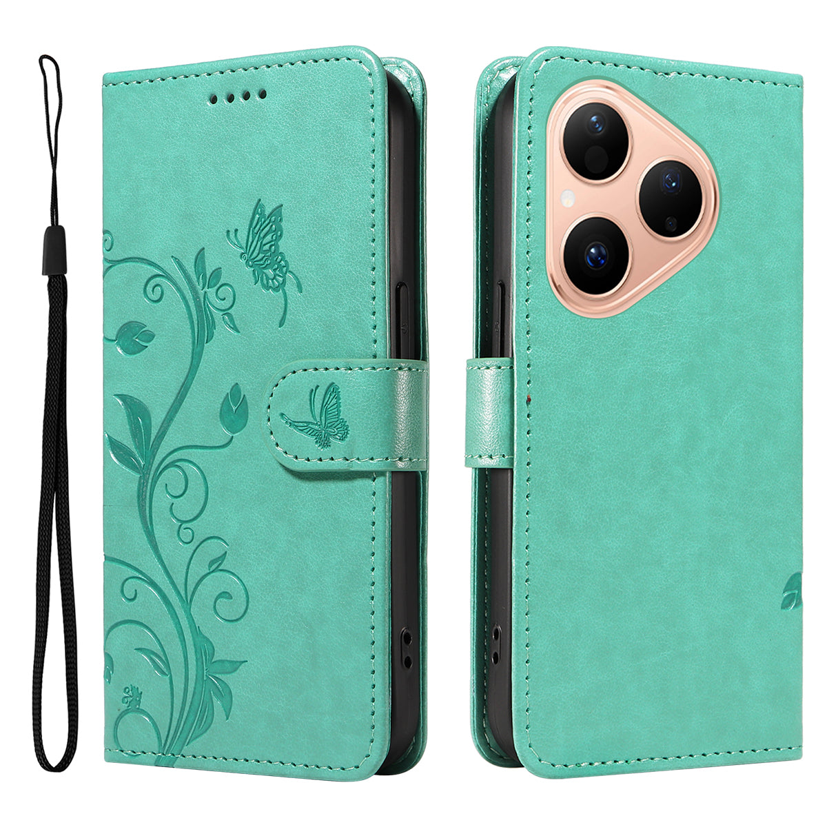 For Huawei Pura 80 PU Leather Cases Flower Pattern Wallet Stand Phone Cover with Strap