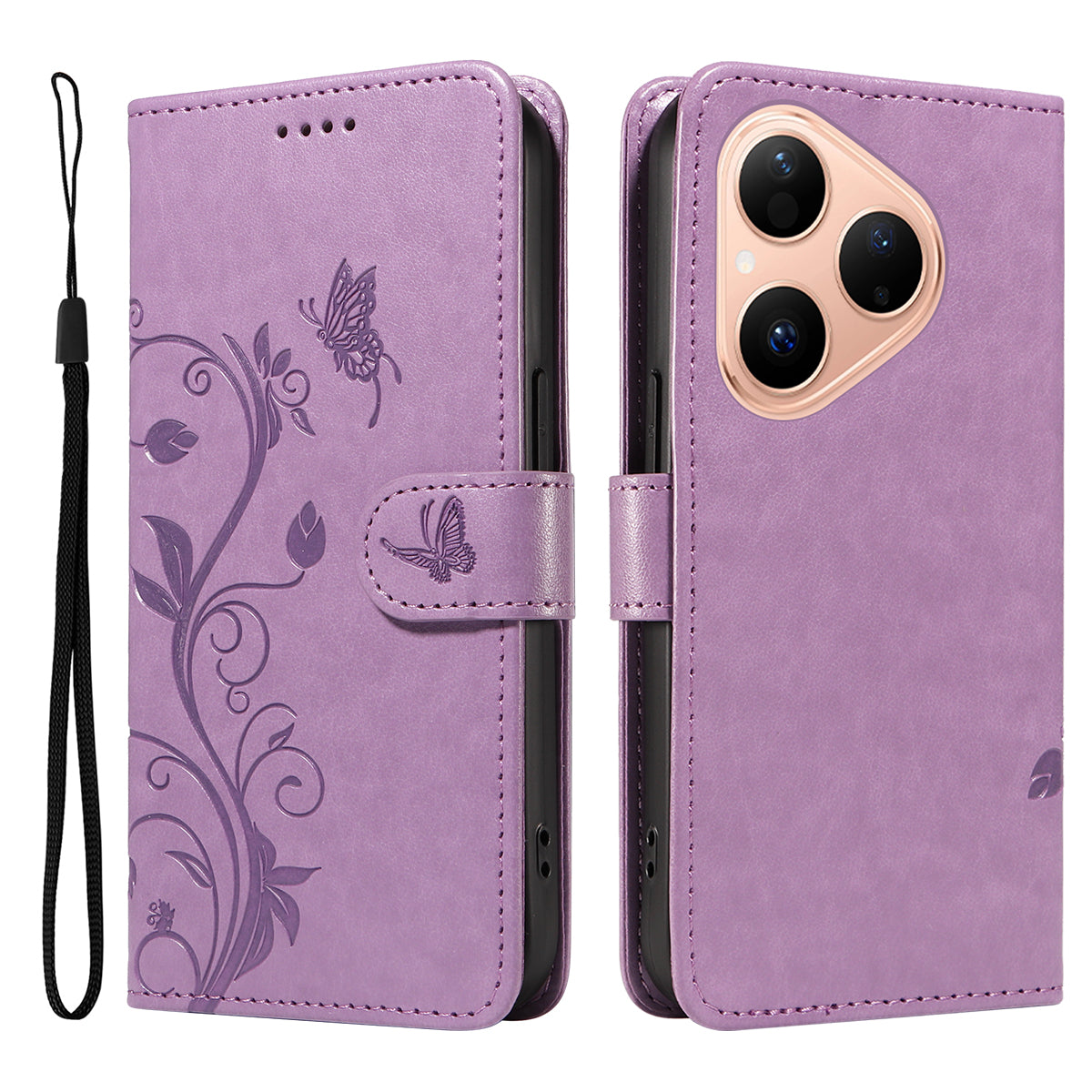 For Huawei Pura 80 PU Leather Cases Flower Pattern Wallet Stand Phone Cover with Strap