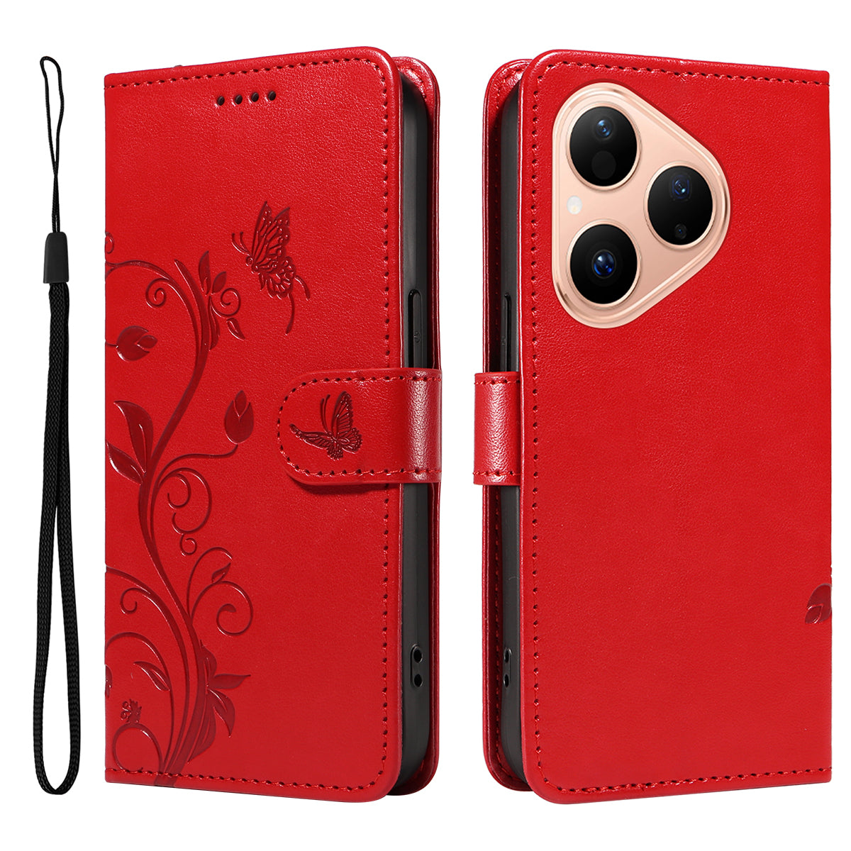 For Huawei Pura 80 PU Leather Cases Flower Pattern Wallet Stand Phone Cover with Strap