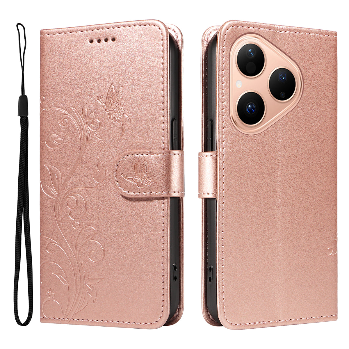 For Huawei Pura 80 PU Leather Cases Flower Pattern Wallet Stand Phone Cover with Strap