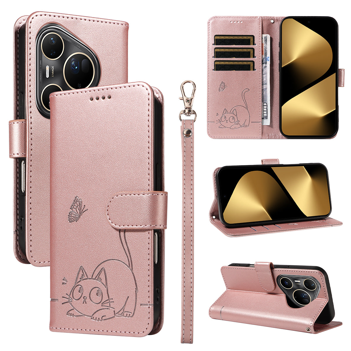 For Huawei Pura 80 Ultra Case Cat Pattern Imprint Leather Phone Cover with Wrist Strap