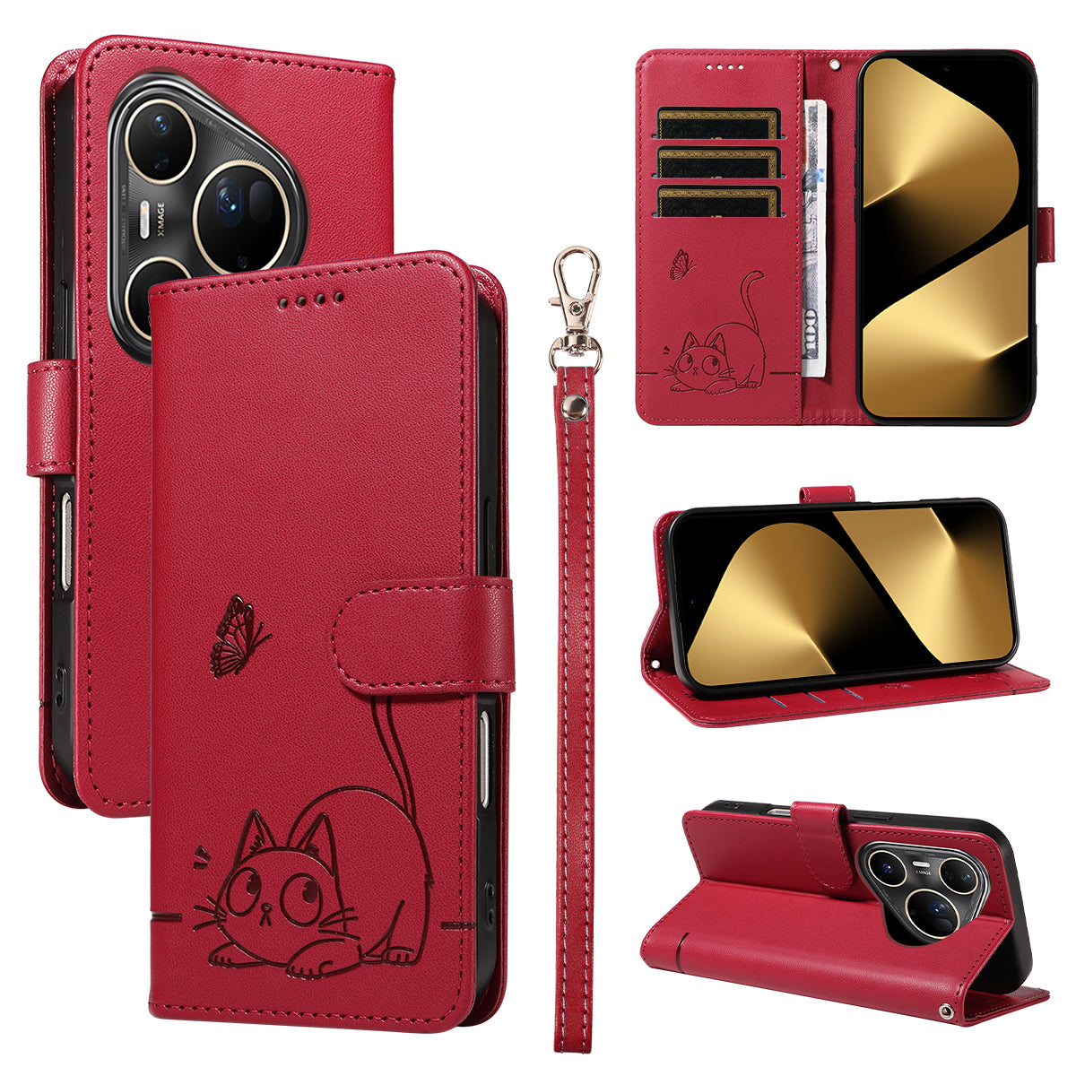 For Huawei Pura 80 Ultra Case Cat Pattern Imprint Leather Phone Cover with Wrist Strap