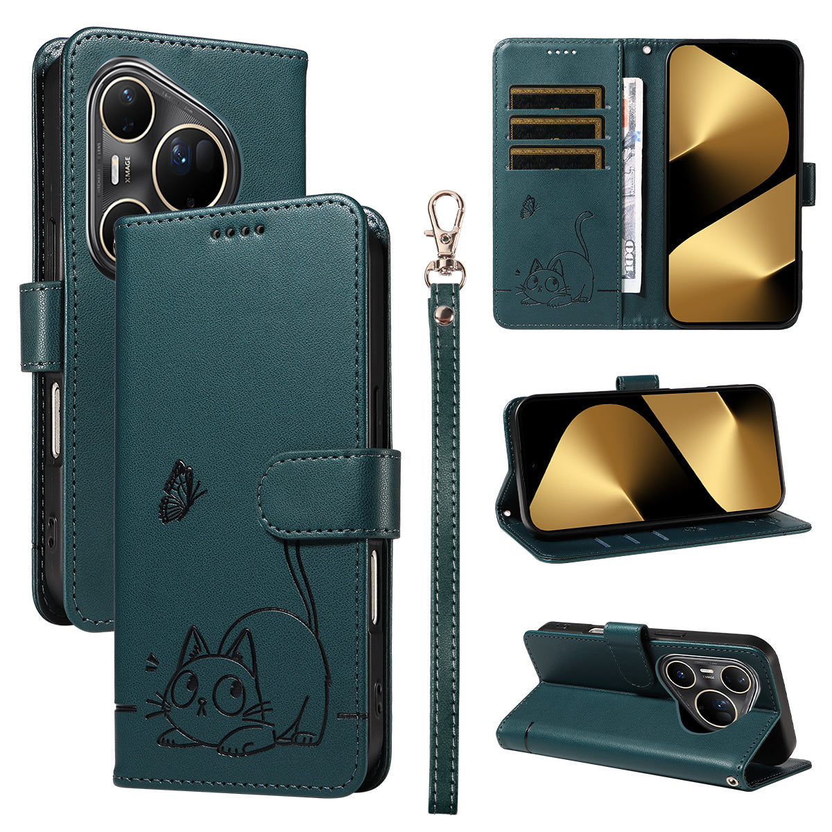 For Huawei Pura 80 Ultra Case Cat Pattern Imprint Leather Phone Cover with Wrist Strap