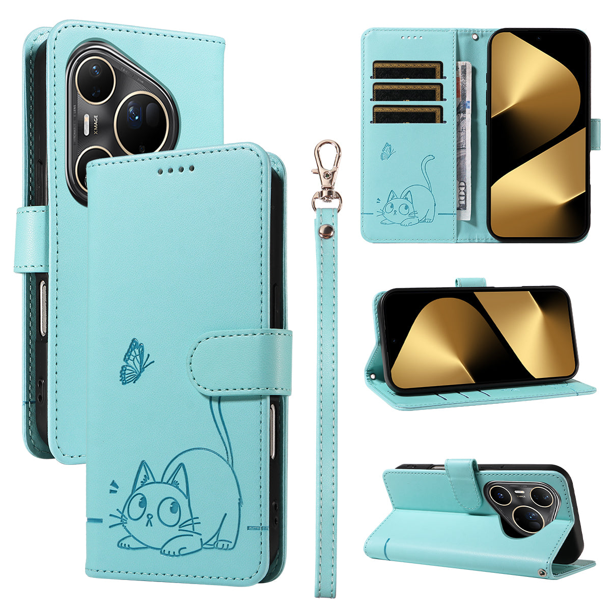 For Huawei Pura 80 Ultra Case Cat Pattern Imprint Leather Phone Cover with Wrist Strap