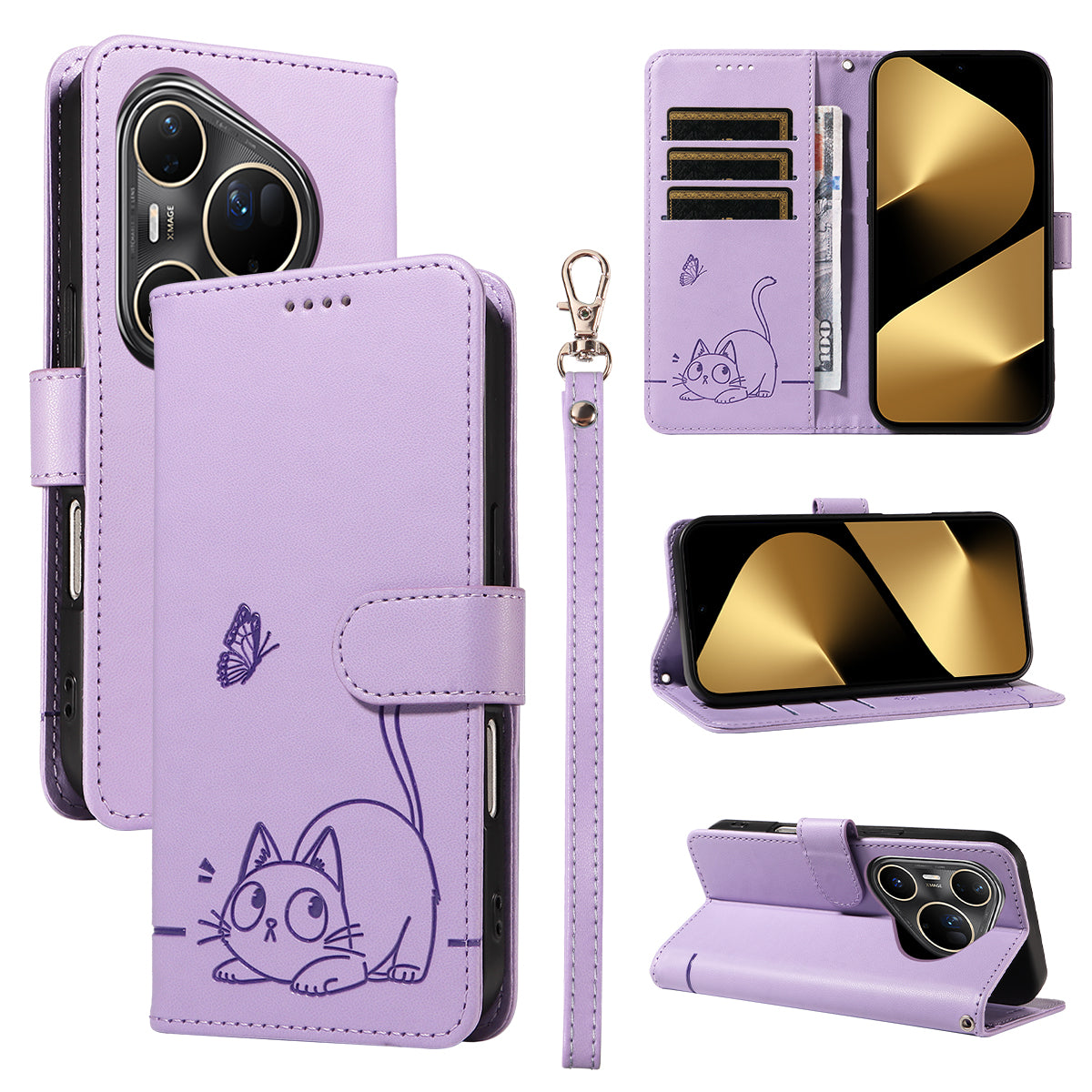 For Huawei Pura 80 Ultra Case Cat Pattern Imprint Leather Phone Cover with Wrist Strap