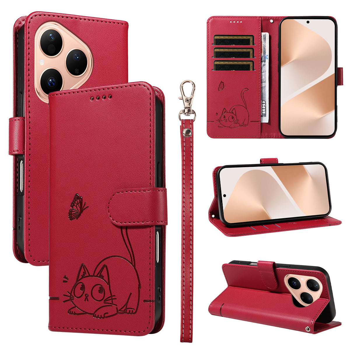 For Huawei Pura 80 Case Cat Pattern Imprint Leather Phone Cover with Wrist Strap