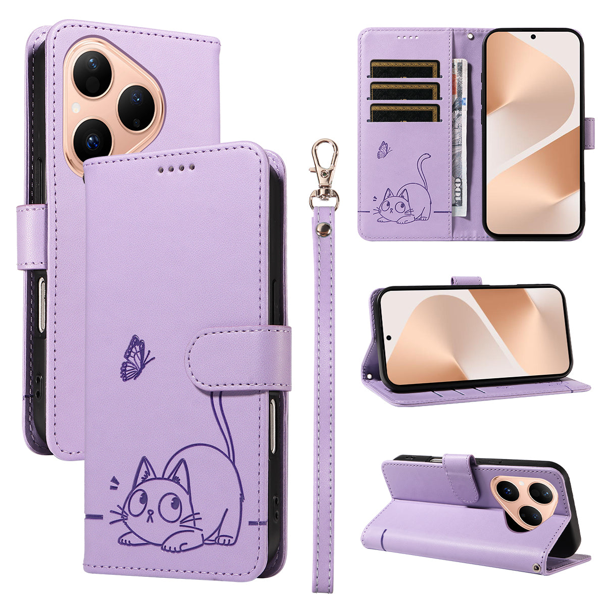 For Huawei Pura 80 Case Cat Pattern Imprint Leather Phone Cover with Wrist Strap