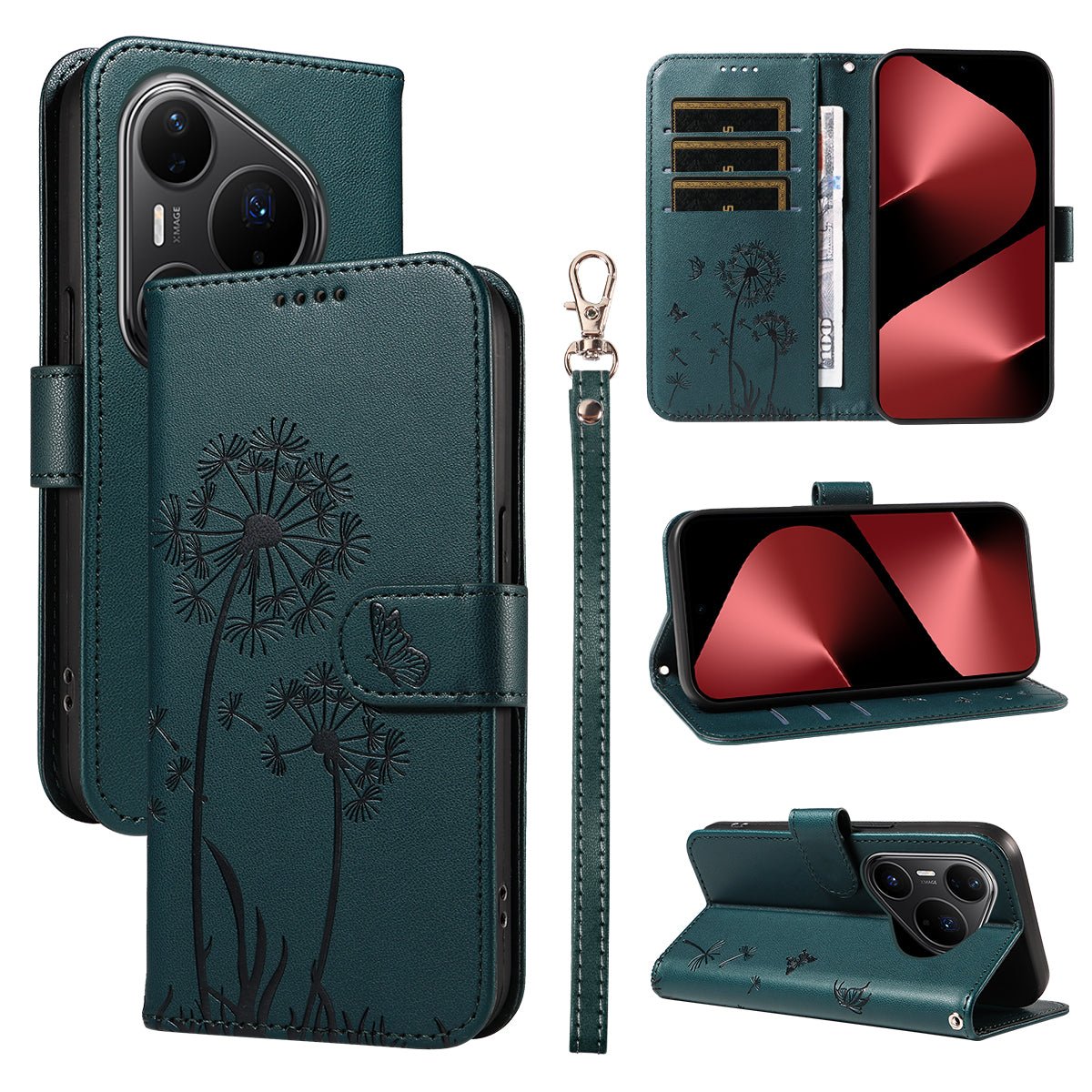 Huawei Pura 80 Pro+ / Huawei Pura 80 Pro læderpung-etui med rem, mælkebøttemønster og mobilstativ