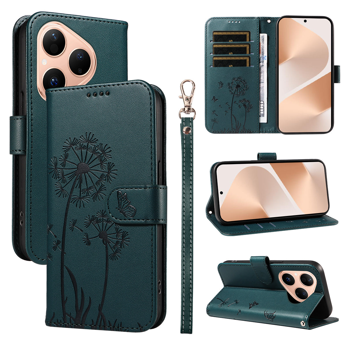 For Huawei Pura 80 Leather Wallet Case with Strap Dandelion Imprint Phone Stand Cover