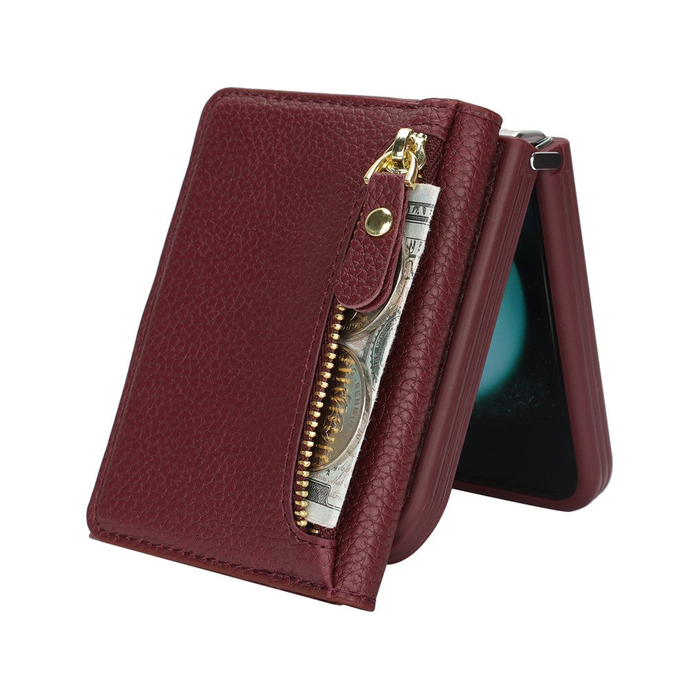 Samsung Galaxy Z Flip4 5G-cover med kortholder, stativ, litchitekstur, PU- og TPU-mobilcover med lang rem