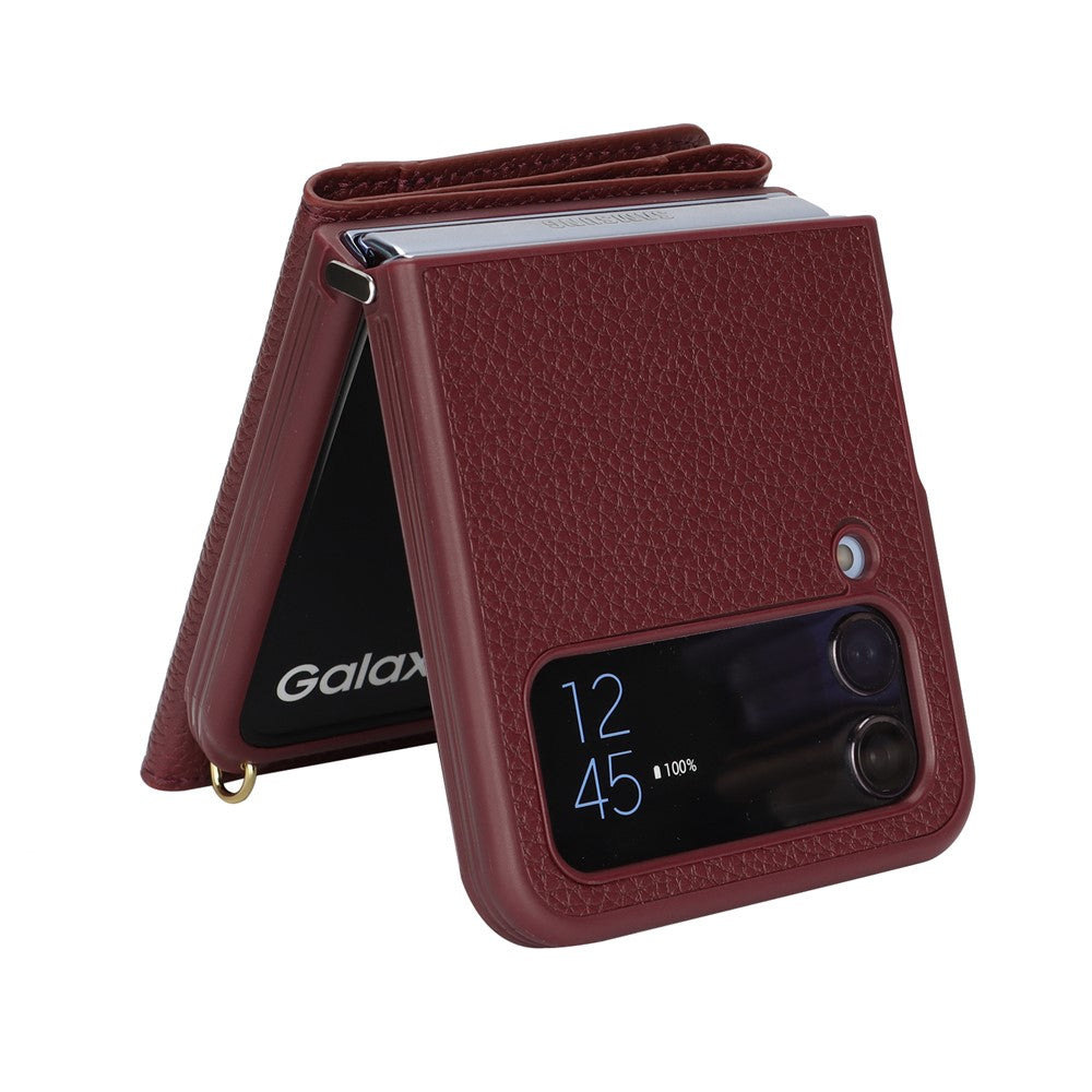 Samsung Galaxy Z Flip4 5G-cover med kortholder, stativ, litchitekstur, PU- og TPU-mobilcover med lang rem