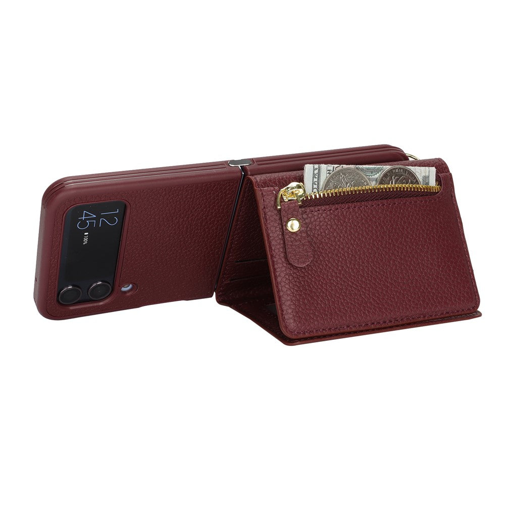 Samsung Galaxy Z Flip4 5G-cover med kortholder, stativ, litchitekstur, PU- og TPU-mobilcover med lang rem