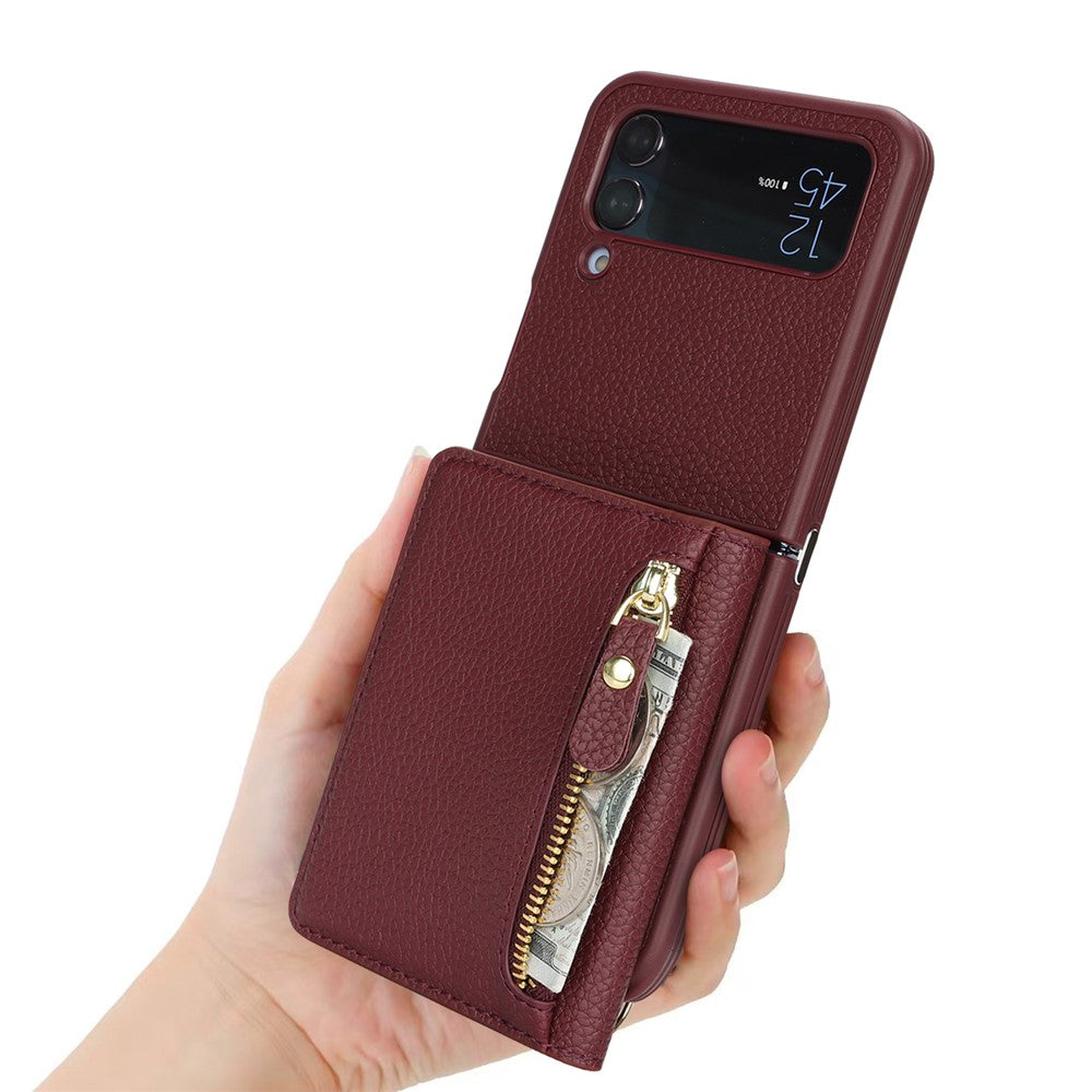 Samsung Galaxy Z Flip4 5G-cover med kortholder, stativ, litchitekstur, PU- og TPU-mobilcover med lang rem
