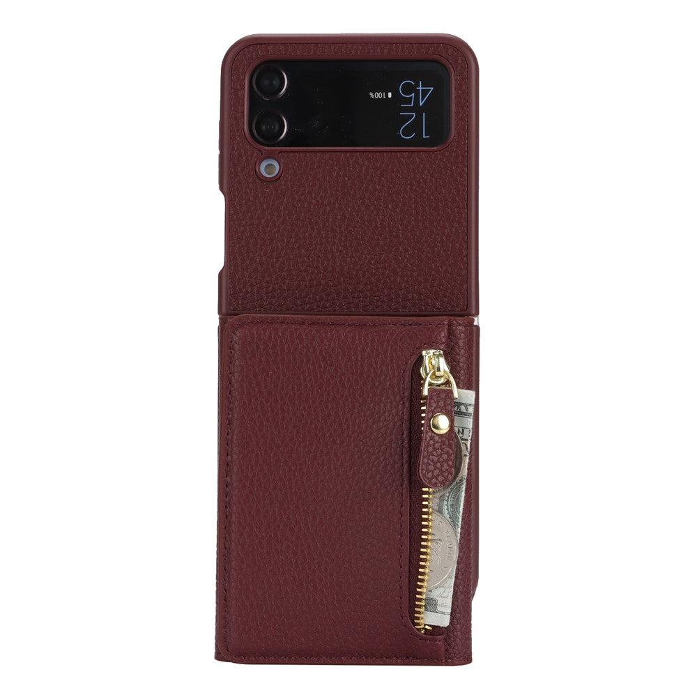 Samsung Galaxy Z Flip4 5G-cover med kortholder, stativ, litchitekstur, PU- og TPU-mobilcover med lang rem