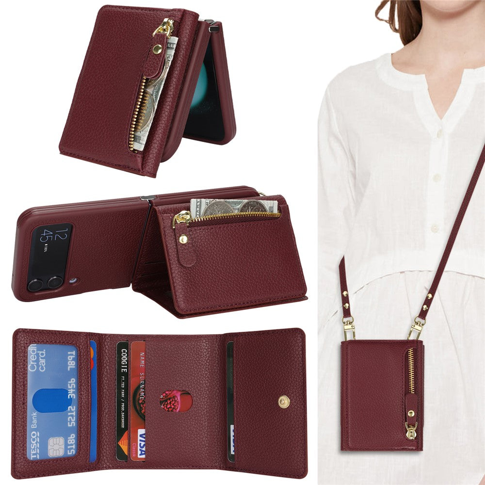 Samsung Galaxy Z Flip4 5G-cover med kortholder, stativ, litchitekstur, PU- og TPU-mobilcover med lang rem