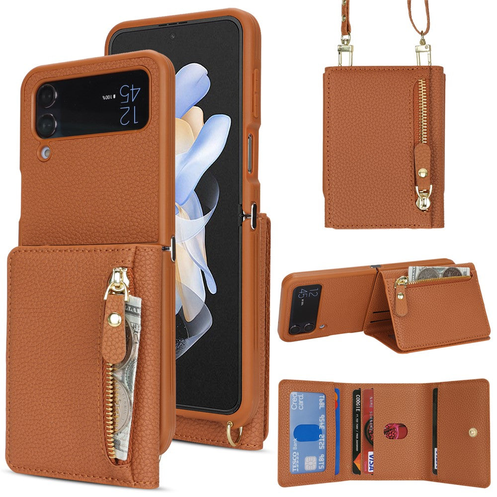 Samsung Galaxy Z Flip4 5G-cover med kortholder, stativ, litchitekstur, PU- og TPU-mobilcover med lang rem