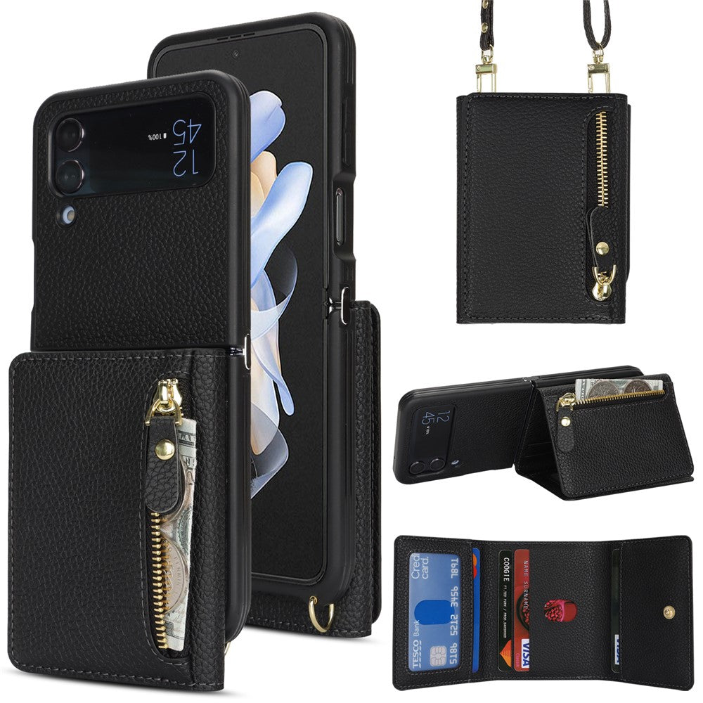 Samsung Galaxy Z Flip4 5G-cover med kortholder, stativ, litchitekstur, PU- og TPU-mobilcover med lang rem