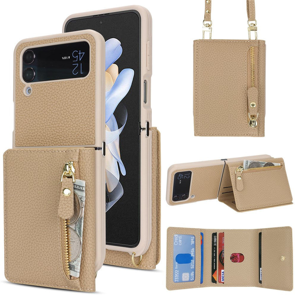 Samsung Galaxy Z Flip4 5G-cover med kortholder, stativ, litchitekstur, PU- og TPU-mobilcover med lang rem