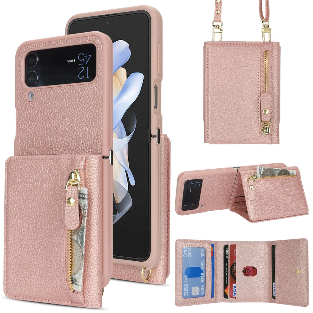 Samsung Galaxy Z Flip4 5G-cover med kortholder, stativ, litchitekstur, PU- og TPU-mobilcover med lang rem