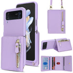 Samsung Galaxy Z Flip4 5G-cover med kortholder, stativ, litchitekstur, PU- og TPU-mobilcover med lang rem