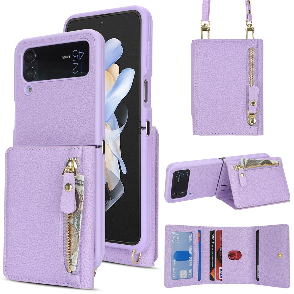 Samsung Galaxy Z Flip4 5G-cover med kortholder, stativ, litchitekstur, PU- og TPU-mobilcover med lang rem