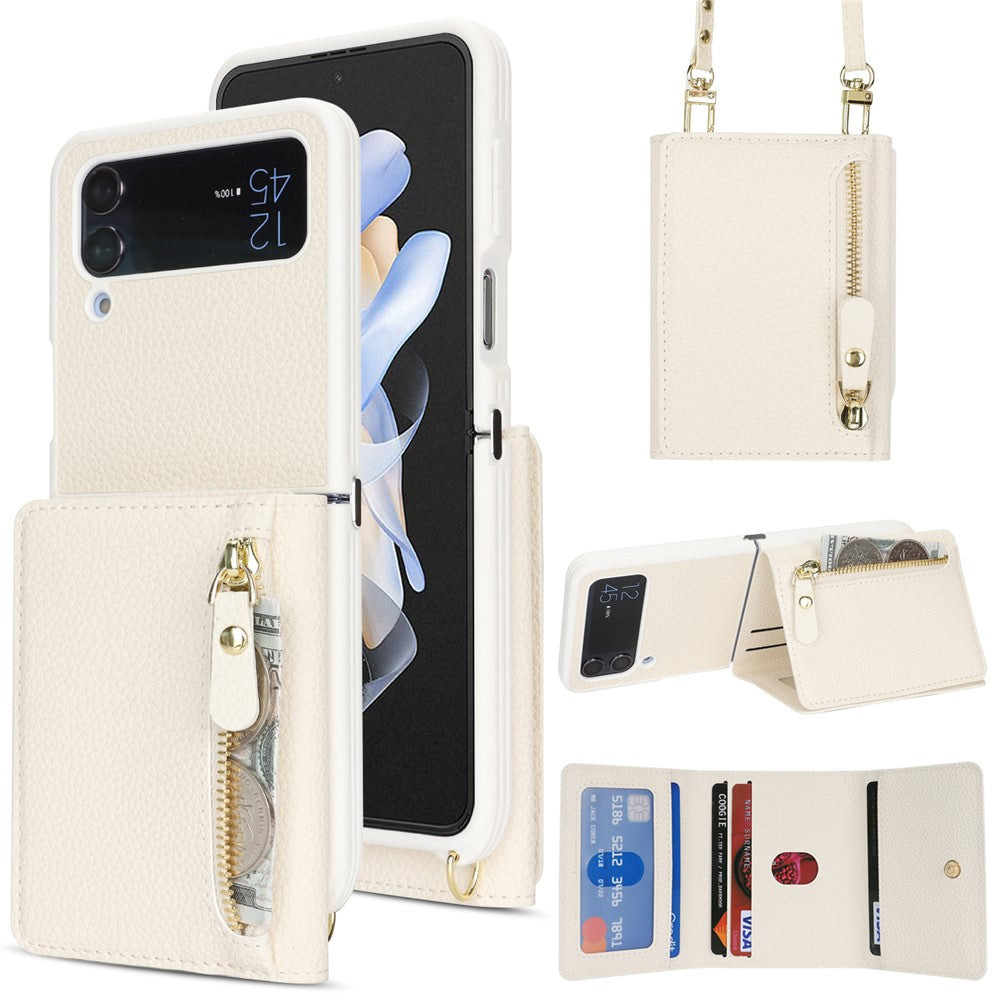 Samsung Galaxy Z Flip4 5G-cover med kortholder, stativ, litchitekstur, PU- og TPU-mobilcover med lang rem
